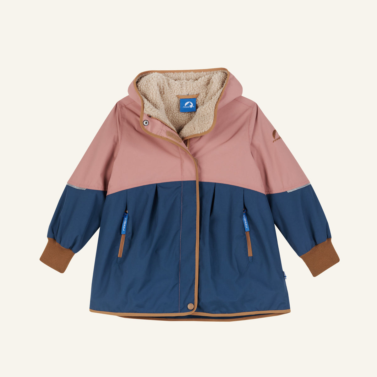 Kinderjacke mit Kapuze, puderrosa und dunkelblau, gefütterter Kragen, Reißverschluss vorn