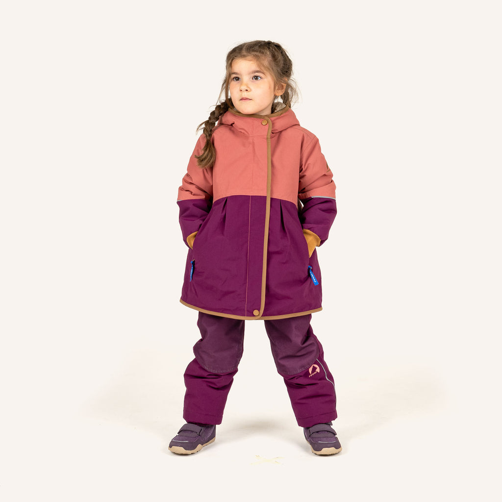Kinderjacke mit Kapuze, rostrot und weinrot, Reißverschluss vorn, gefütterter Kragen