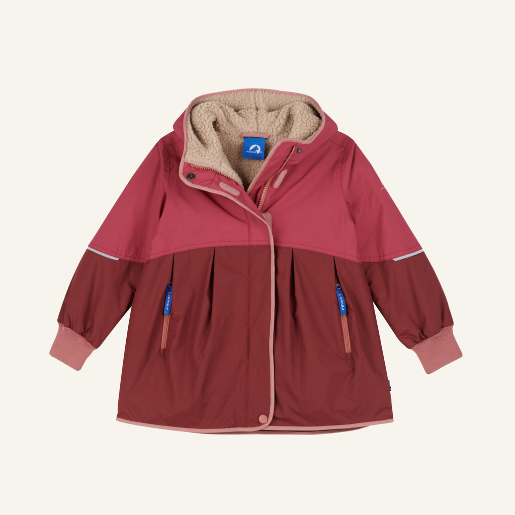 AINA MUKKA Kinderjacke mit Kapuze, Bordeauxrot, Innenfutter aus Teddystoff, Reißverschluss