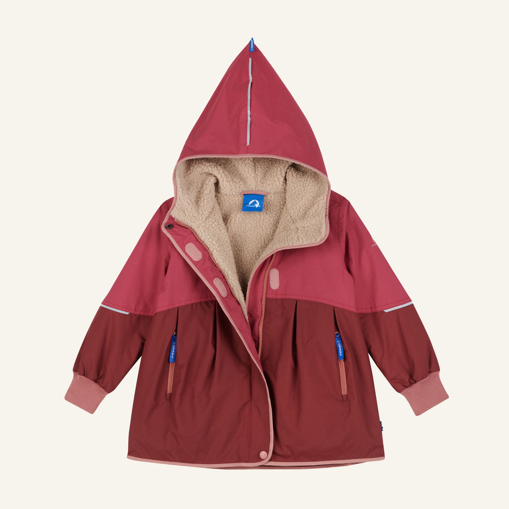 AINA MUKKA Kinderjacke mit Kapuze, Bordeauxrot, gefütterter Innenkragen, seitliche Reißverschlusstaschen