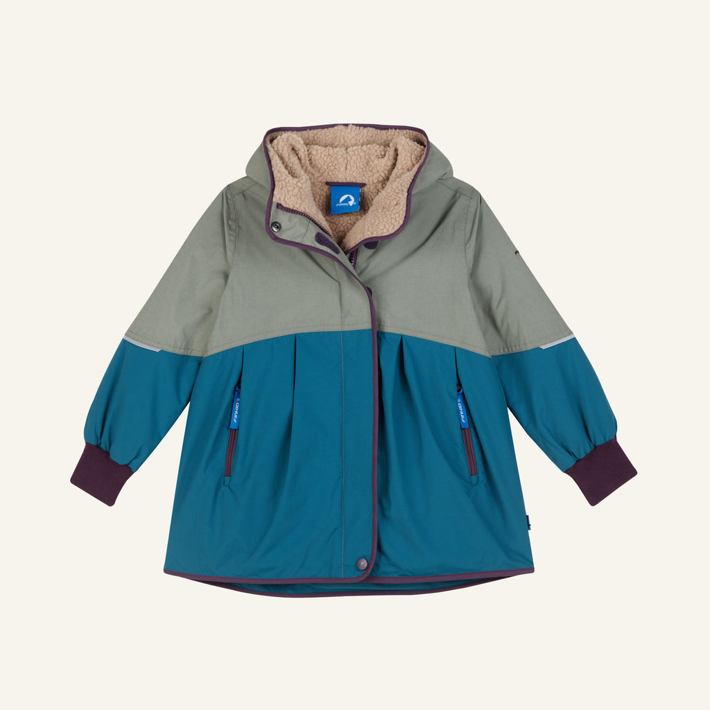 AINA MUKKA Kinderjacke mit Kapuze, Farbblöcke petrol/grau, Reißverschluss, beiges Innenfutter