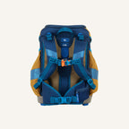 Kinder-Rucksack blau-braun, Rückansicht mit gepolstertem Rücken und verstellbaren Gurten