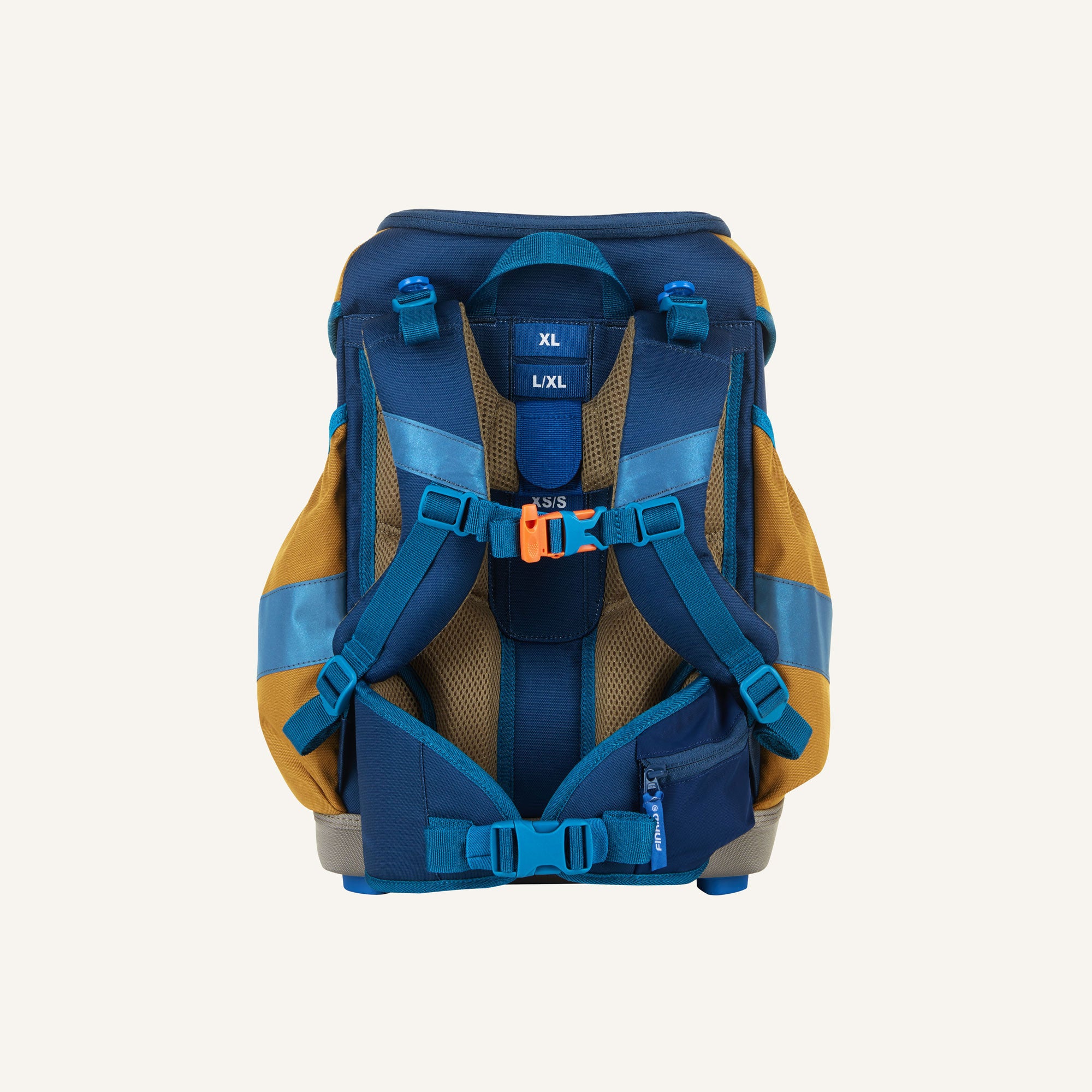 Kinder-Rucksack blau-braun, Rückansicht mit gepolstertem Rücken und verstellbaren Gurten