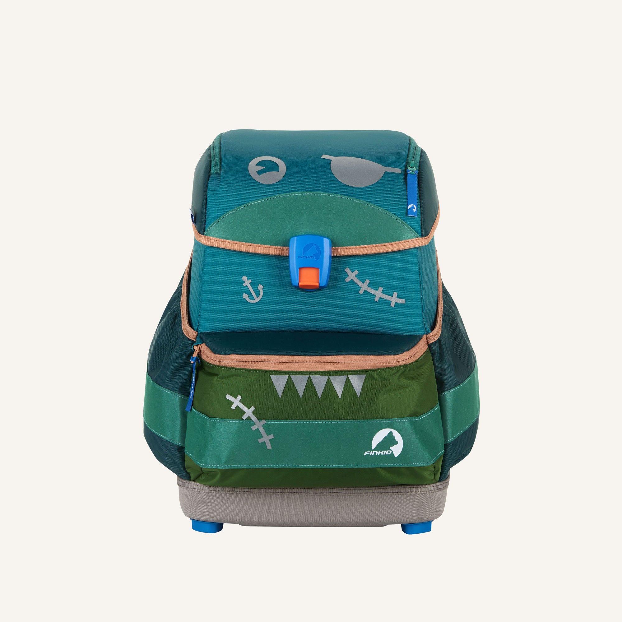Kinderrucksack vorne mit Aufdrucken (Anker, Wellen, Muscheln) und braunem Zierband