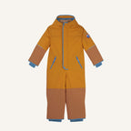 Regenoverall mit Kapuze, orange-braunes Color-Block-Design, blaue Kordel und Reißverschluss
