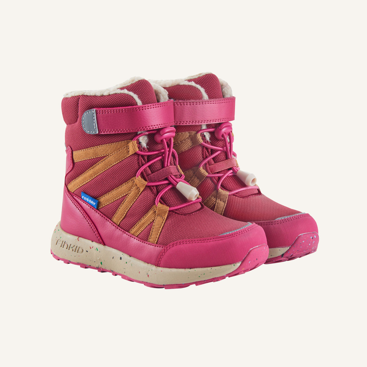 KARI berry-colored winter boots with orange-brown accents, lacing, and fur trim