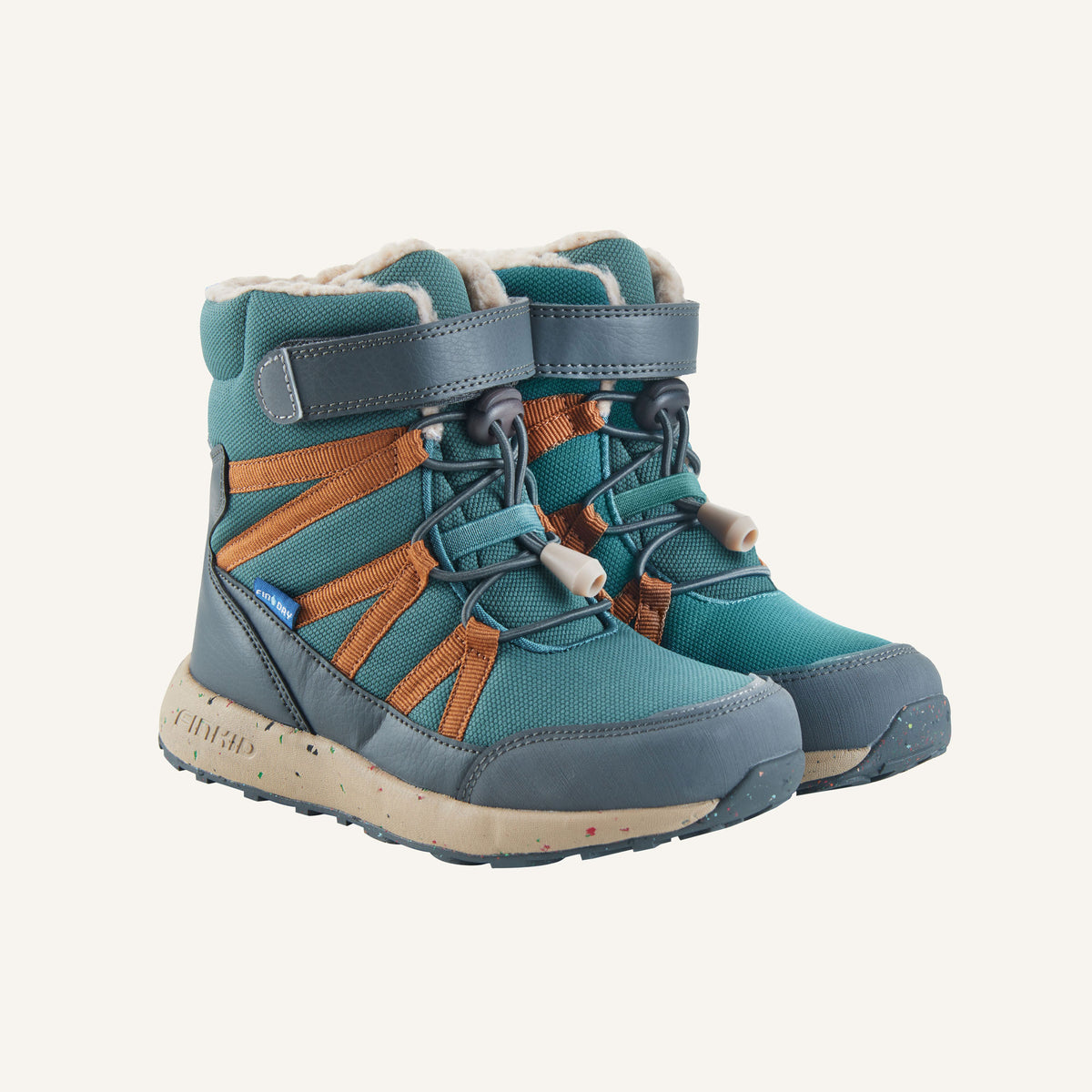 KARI petrol winter boots with orange-brown decorative stitching, lace-up closure and fur collar