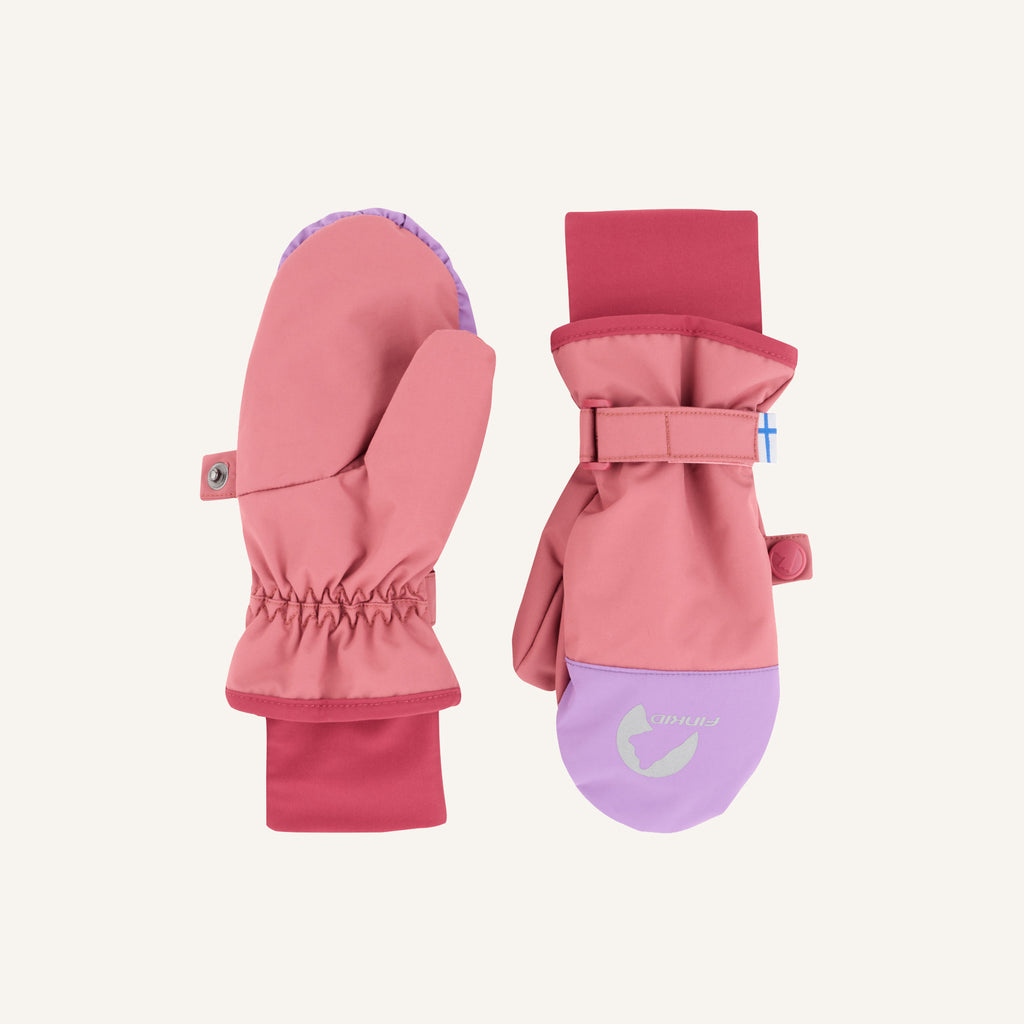 Children's pink mittens with padded cuffs and hook-and-loop fasteners
