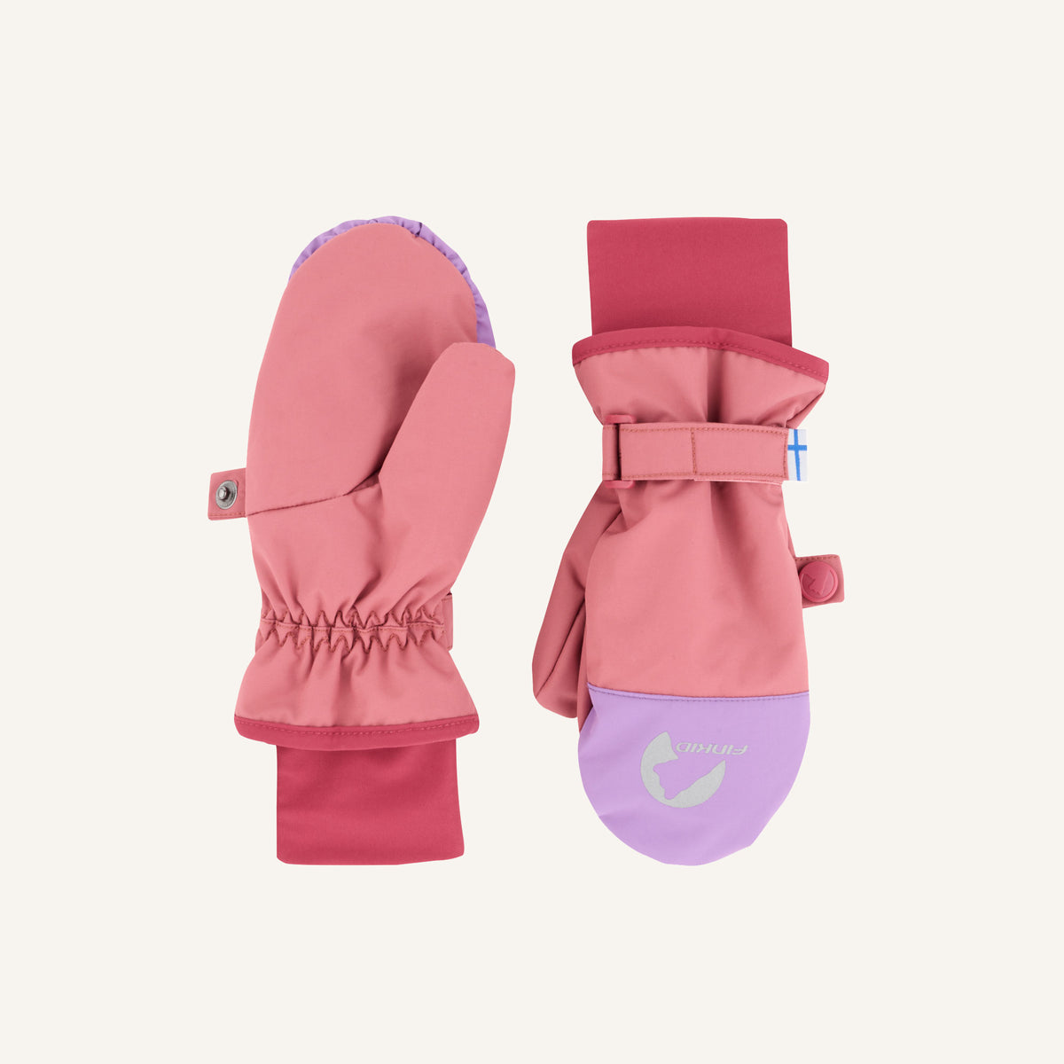 Children's pink mittens with padded cuffs and hook-and-loop fasteners