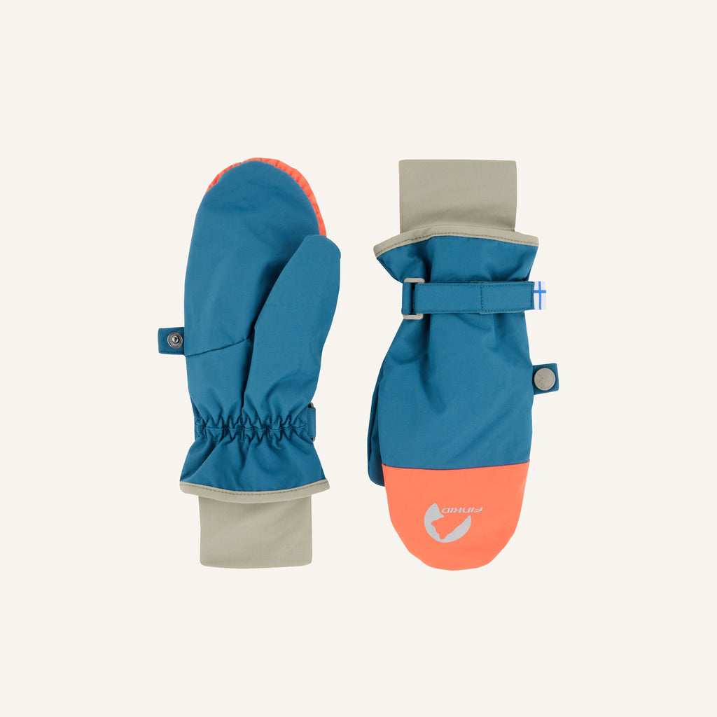 Children's petrol blue mittens with a grey sleeve and Velcro fastener