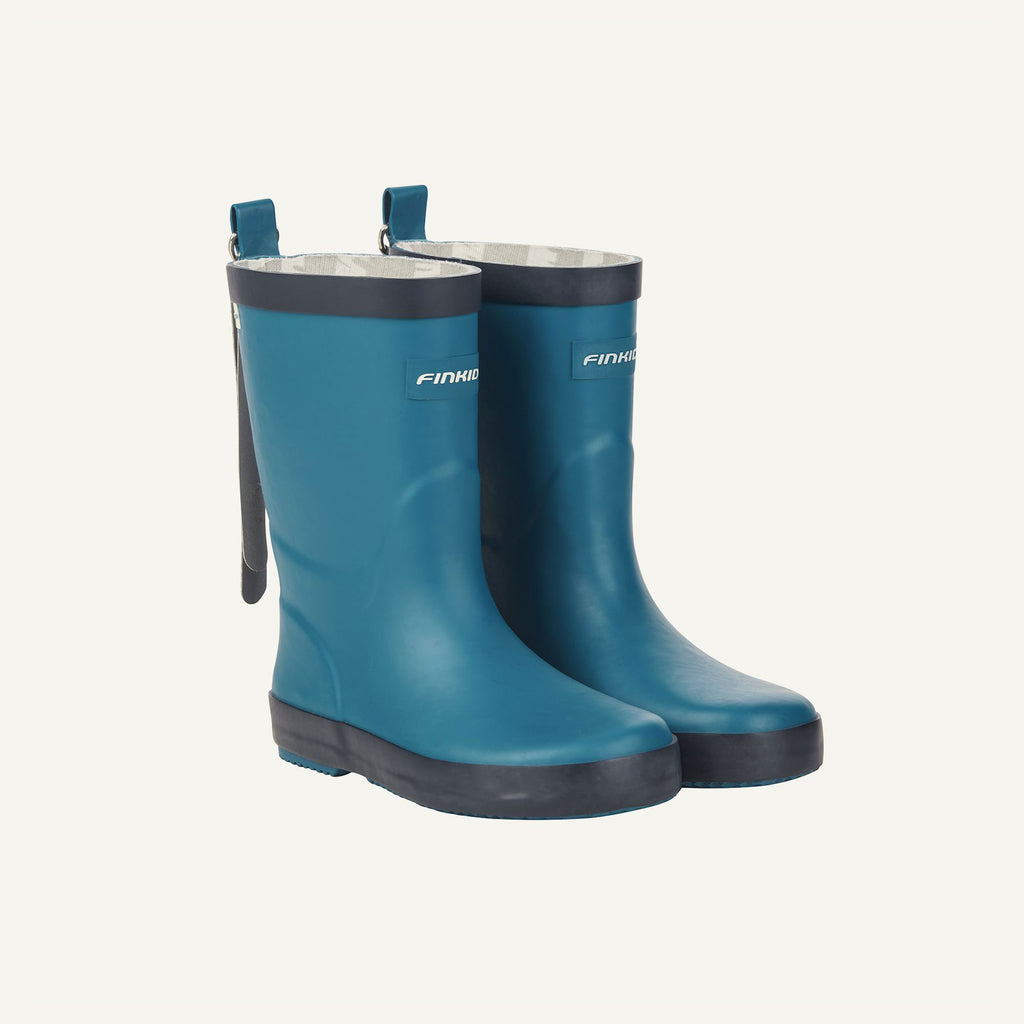 KUMI blue rubber boots with dark sole and pull tab on the shaft