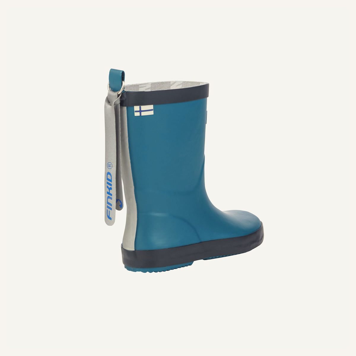 KUMI blue rubber boots with a side brand label and lace-up strap at the shaft