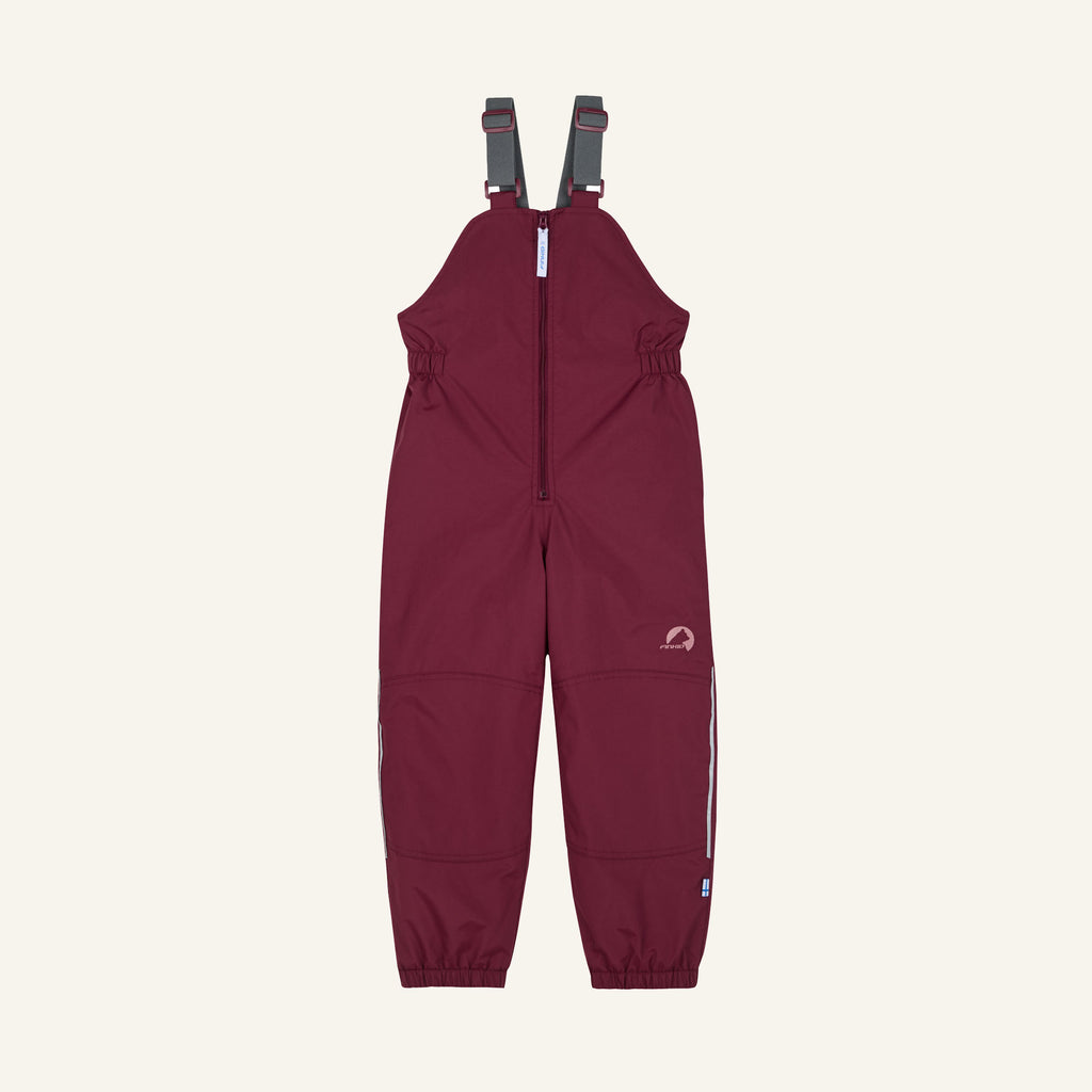 Kids' cranberry bib overalls with a front zipper and lightly contrasting side seam