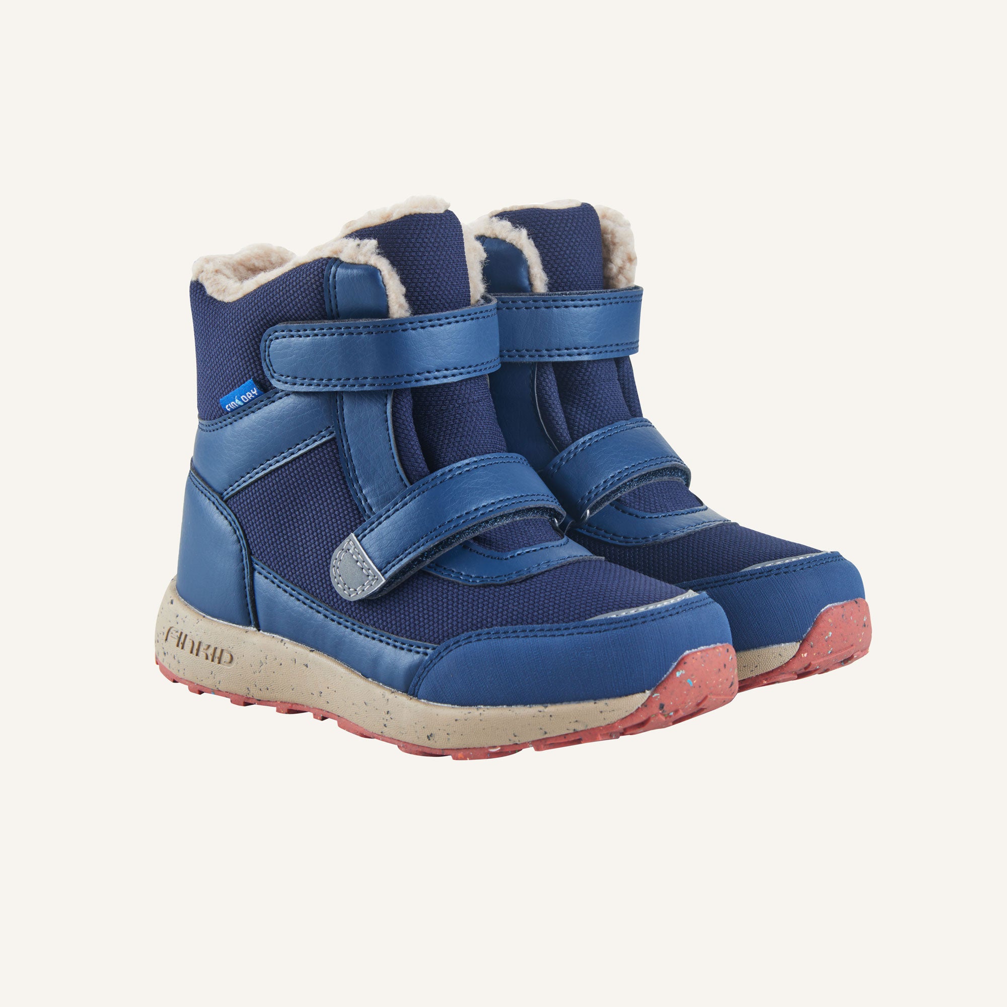 Dunkelblaue Winterstiefel mit Klettverschluss und warmem Kunstfellfutter, gepolsterte Sohle