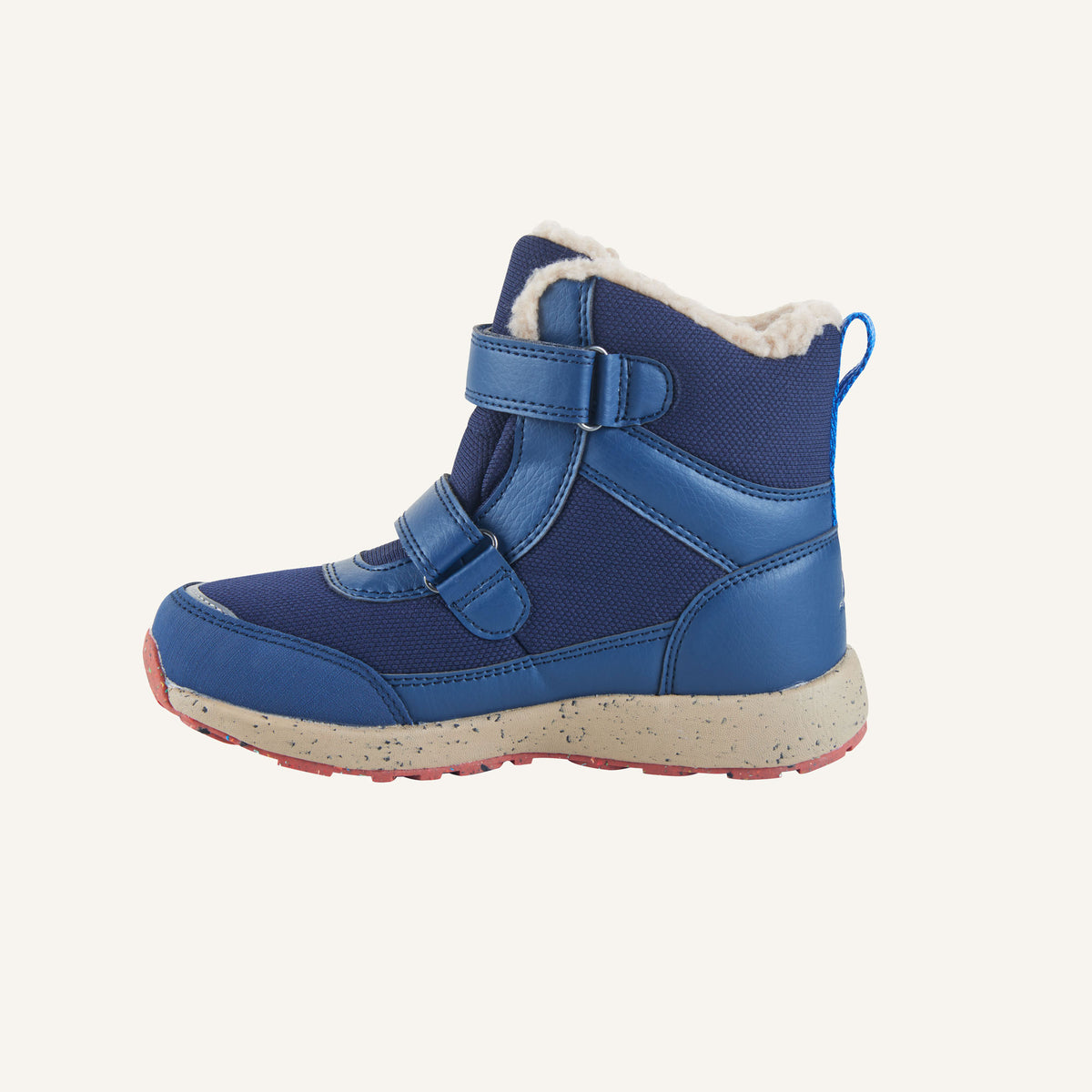 Dunkelblaue Winterstiefel mit zwei Klettverschlüssen, Kunstfellrand und griffiger Laufsohle