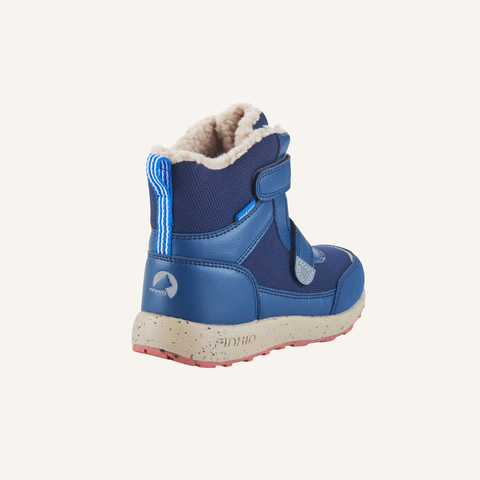 Dunkelblaue Winterstiefel mit Schaft-Klett und Kunstfellfutter, gepunktete Details an der Sohle