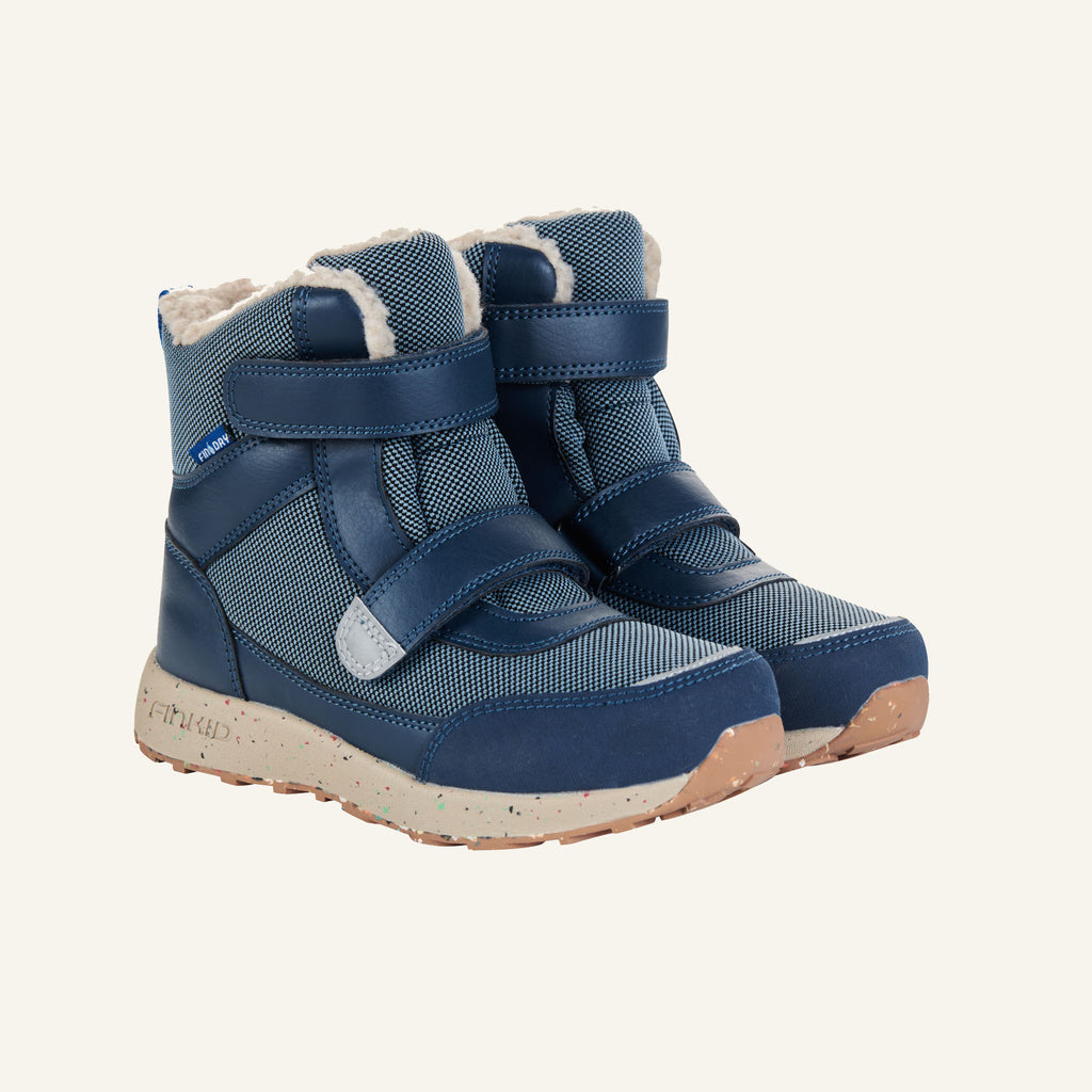 Dunkelblaue Winterstiefel seitlich mit doppeltem Klettband, Kunstfell am Kragen