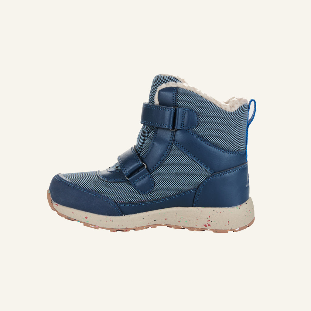 Dunkelblaue Winterstiefel schräg mit zwei Klettbändern, Kunstfellrand und rutschfester Sohle