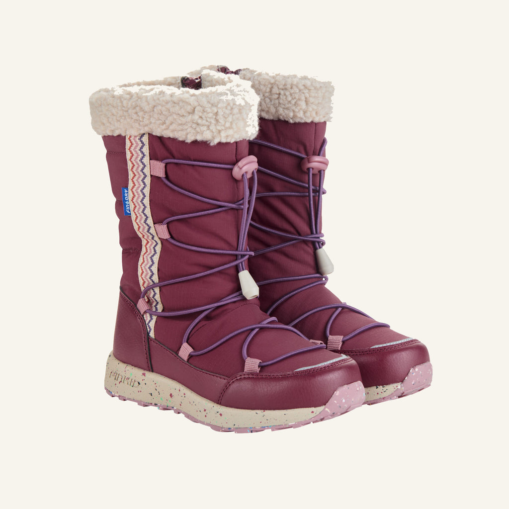 LAUMA Snow boots in cranberry with faux fur collar and lace-up