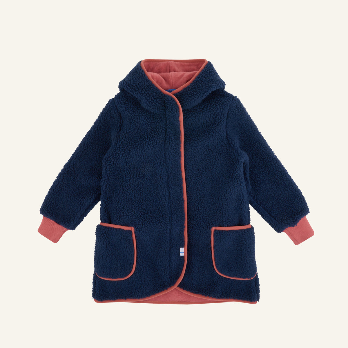 Kinder-Fleecejacke dunkelblau mit Reißverschluss, Kapuze und aufgesetzten Taschen