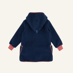 Kinder-Fleecejacke dunkelblau mit Kapuze, Reißverschluss vorne, lange Ärmel, Taschen
