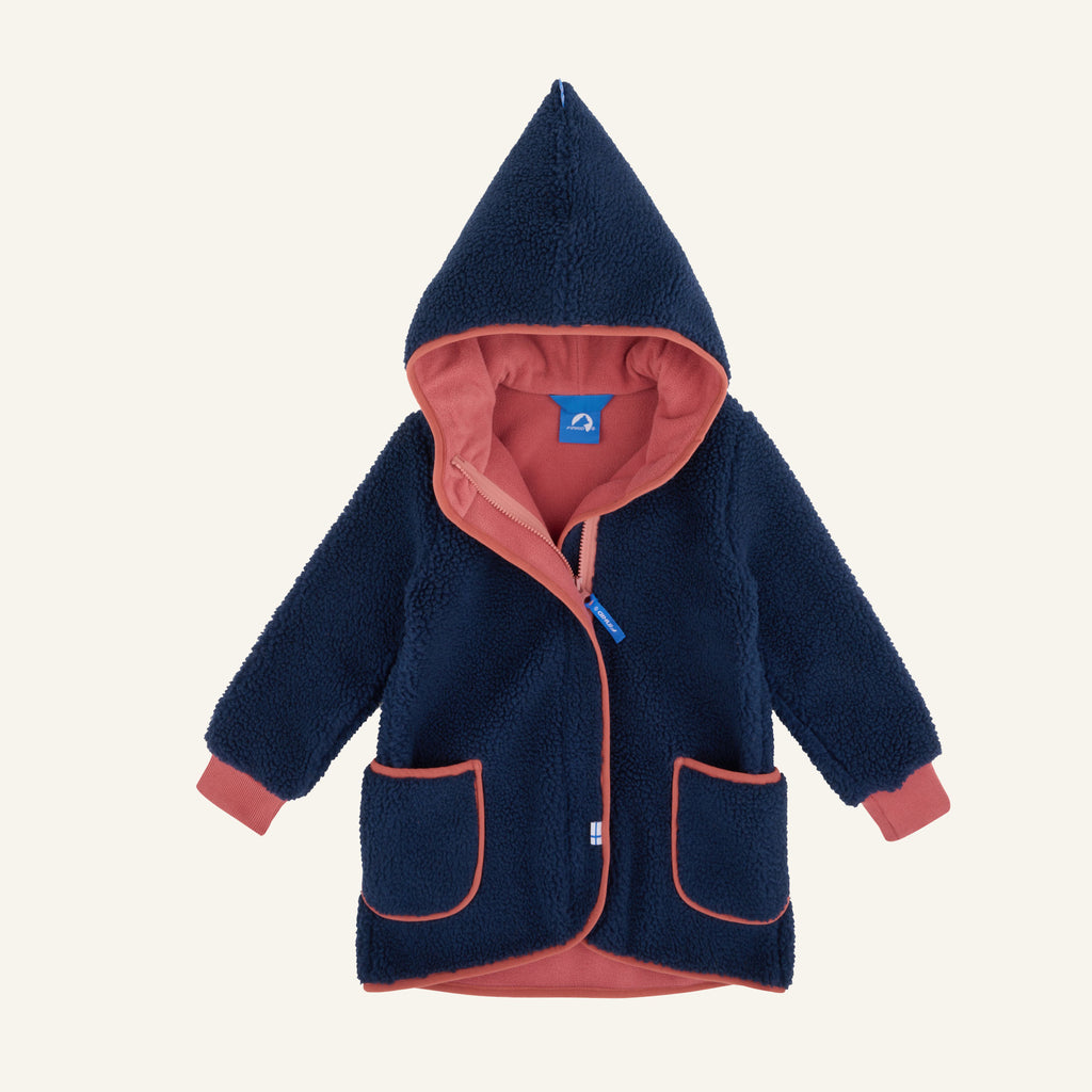 Kinder-Fleecejacke dunkelblau mit Kapuze, Reißverschluss und rosafarbenem Innenfutter