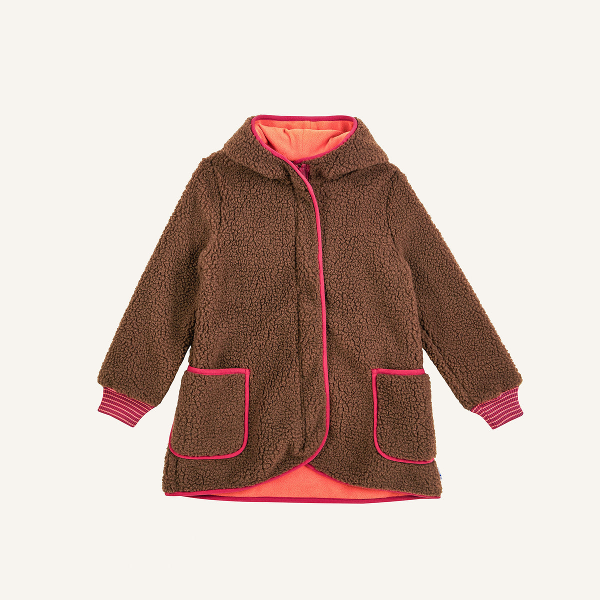 Brown children's fleece jacket with zipper, hood, and pink lining