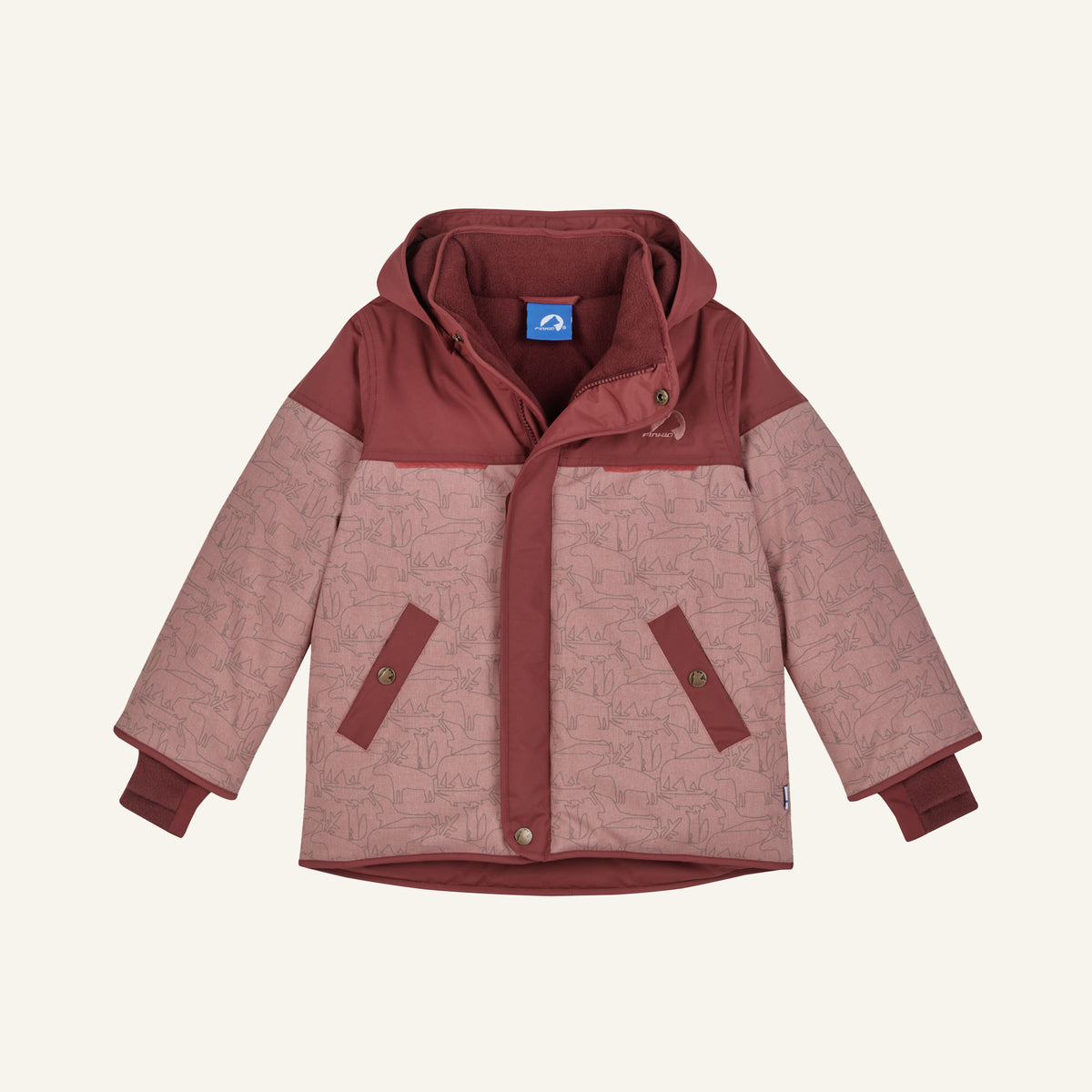 LIVO hooded jacket in burgundy and pink with pockets and snap buttons