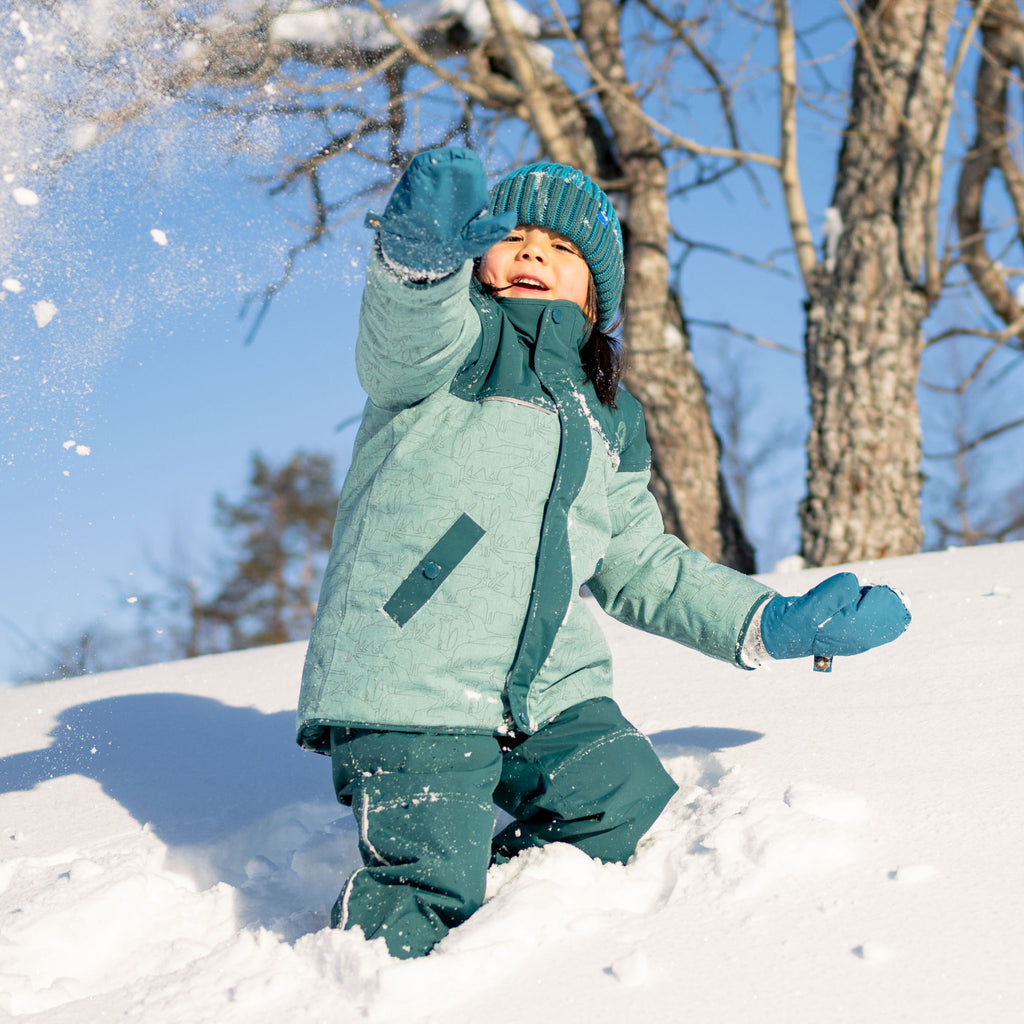 Turquoise children's winter jacket with hood, a wide slim zipper and visible cuffs