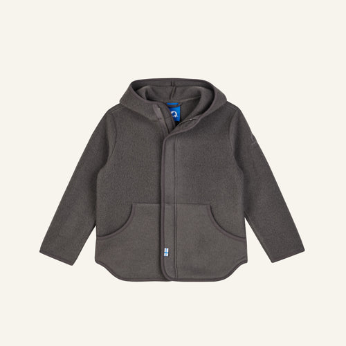Kids' fleece jacket with hood, zipper, and pockets, dark gray