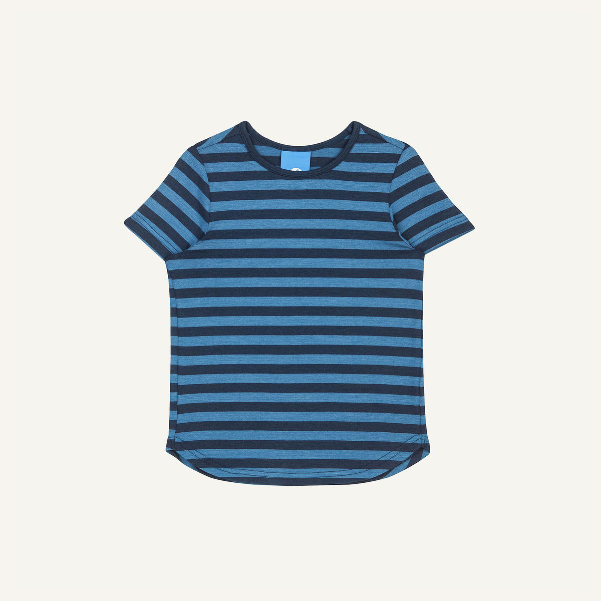 Striped children's t-shirt, blue with darker stripes, crew neck, short sleeves.