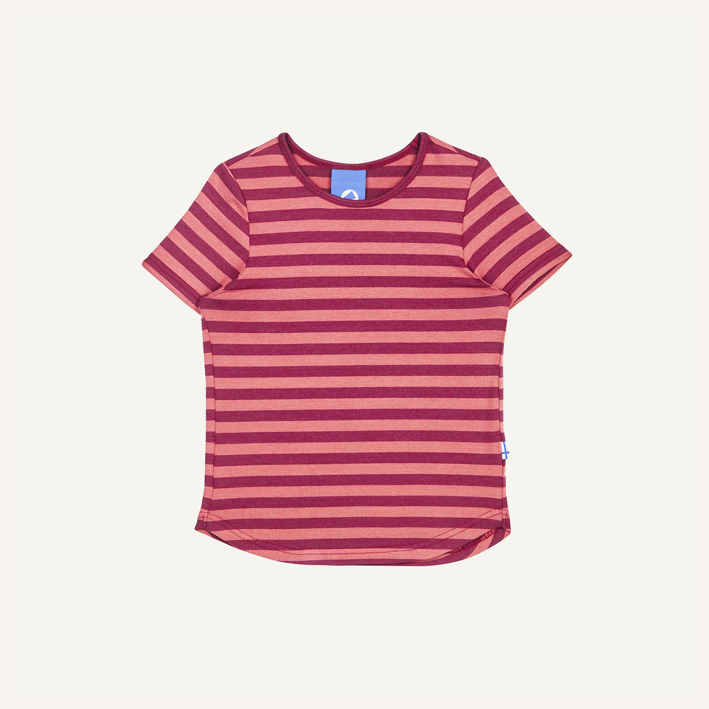 Striped children's t-shirt, pink with pink stripes, crew neck, short sleeves.
