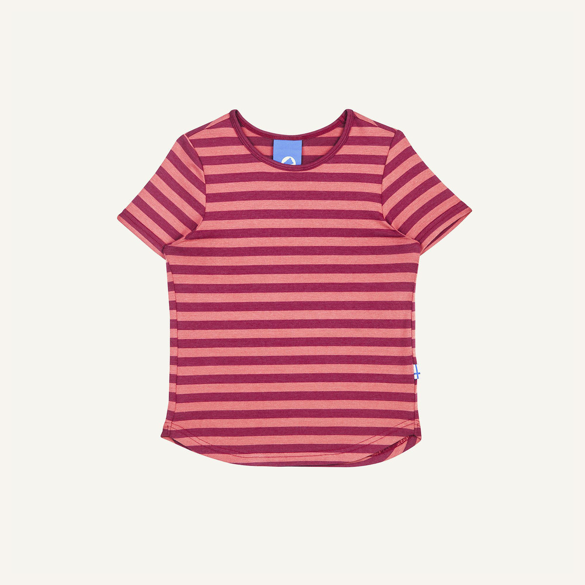 Striped children's t-shirt, pink with pink stripes, crew neck, short sleeves.