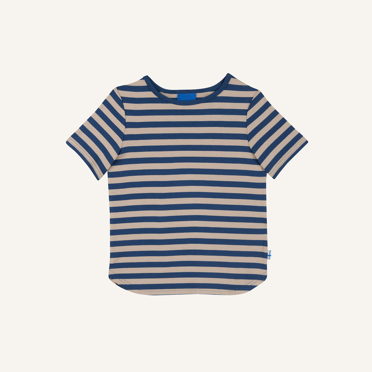 Striped children's T-shirt, blue with beige stripes, crew neck, short sleeves
