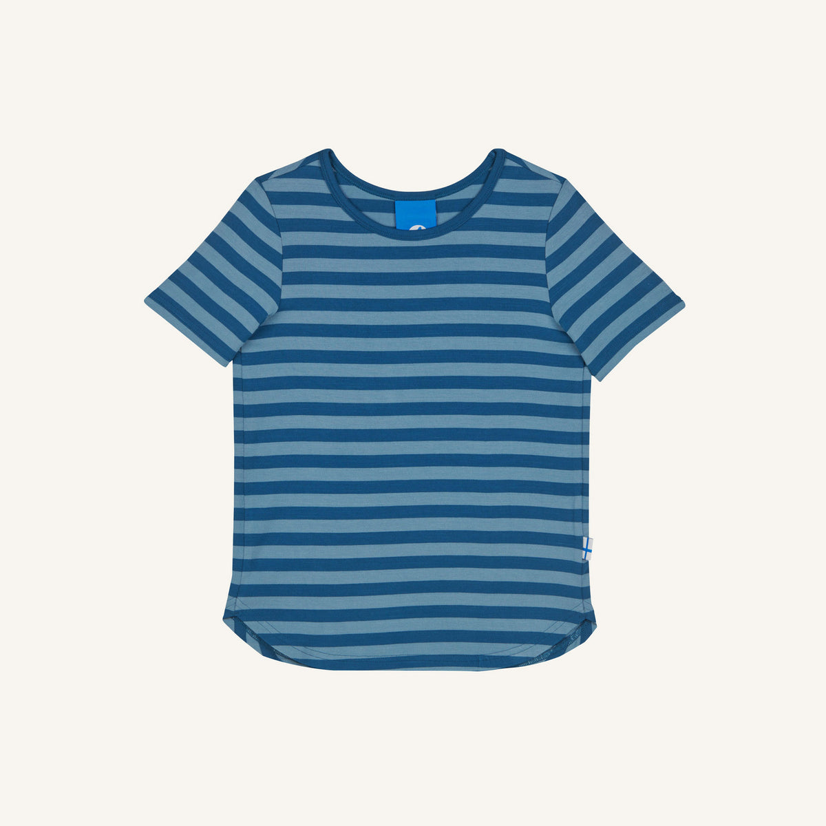 Striped children's t-shirt, blue with light blue stripes, crew neck, short sleeves