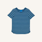 Striped children's t-shirt, blue with light blue stripes, crew neck, short sleeves