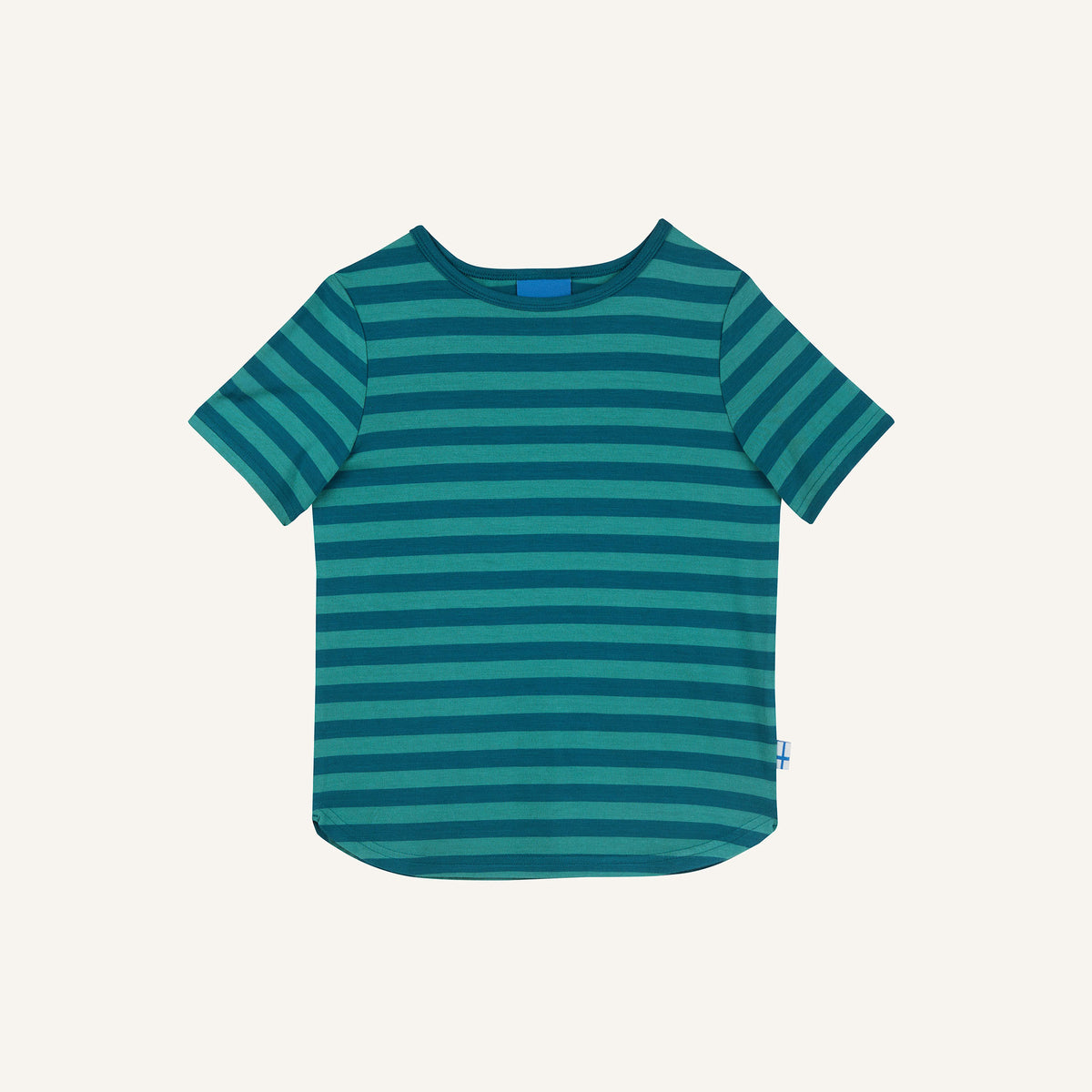 Striped kids' t-shirt, petrol green with darker stripes, crew neck, short sleeves.
