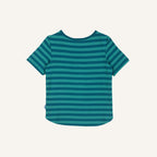 Striped children's t-shirt, dark green with fine stripes, crew neck, short sleeves.