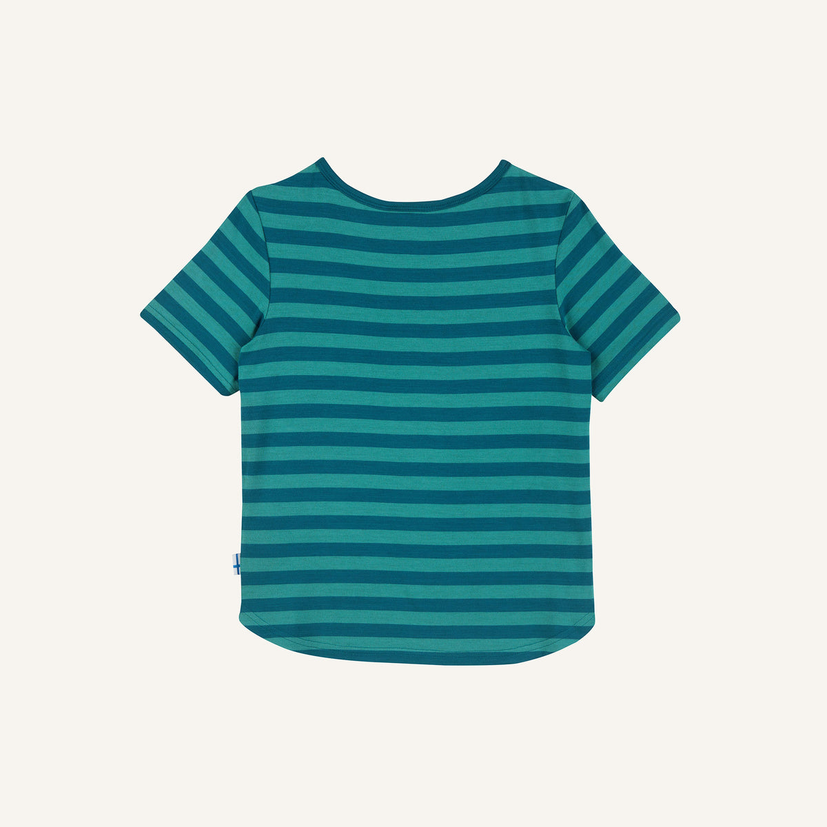 Striped children's t-shirt, dark green with fine stripes, crew neck, short sleeves.