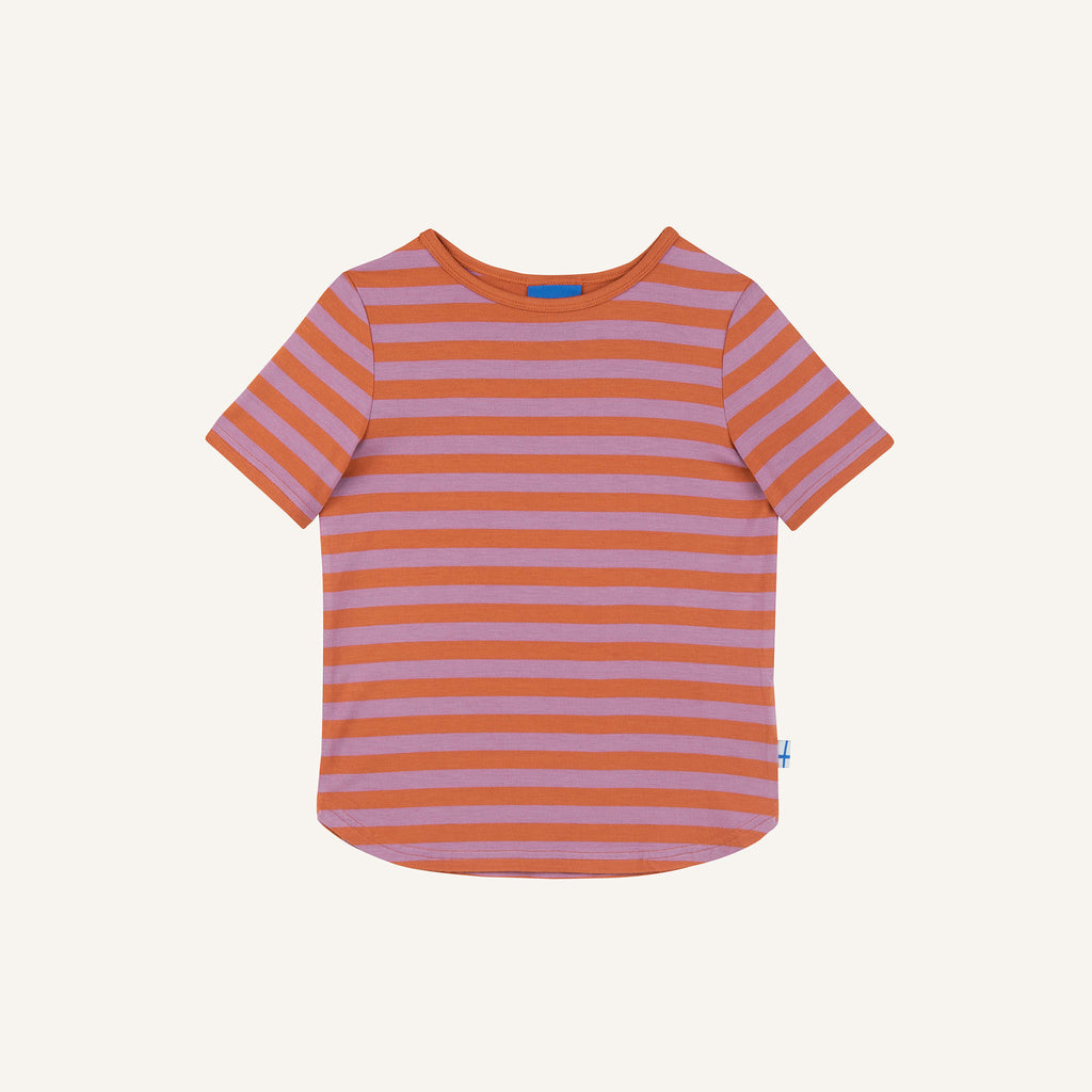Striped children's t-shirt, orange with lighter stripes, crew neck, short sleeves.