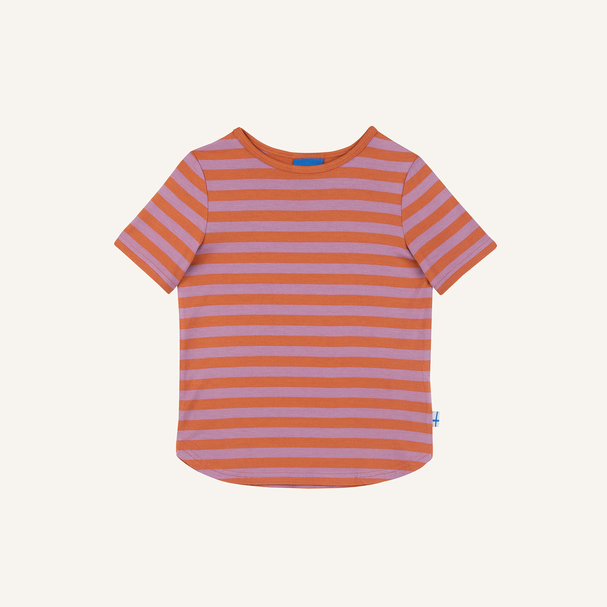 Striped children's t-shirt, orange with lighter stripes, crew neck, short sleeves.