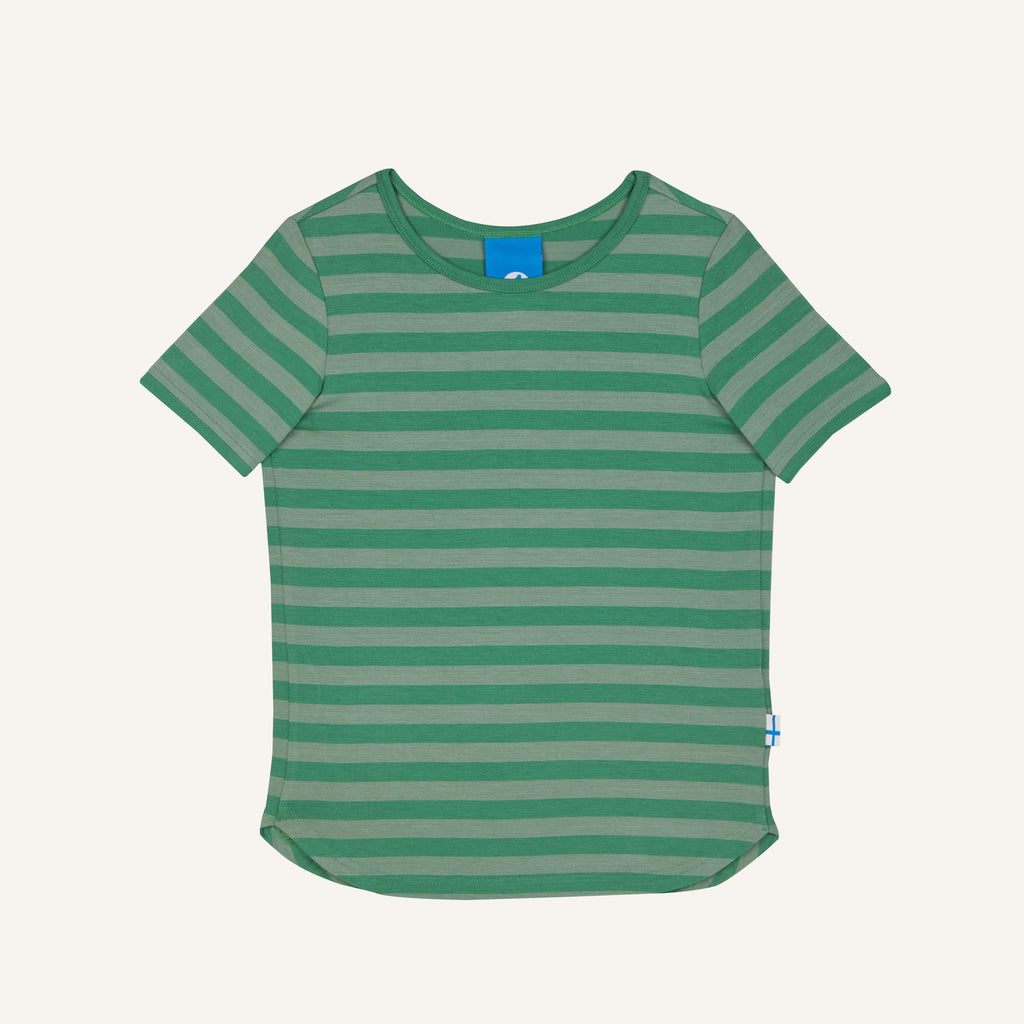 Striped kids' t-shirt, green with light green stripes, crew neck, short sleeves.