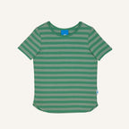 Striped kids' t-shirt, green with light green stripes, crew neck, short sleeves.