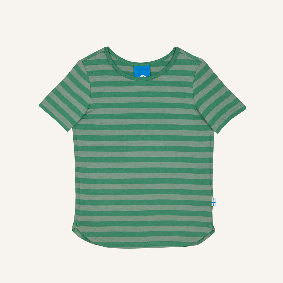 Striped kids' t-shirt, green with light green stripes, crew neck, short sleeves.