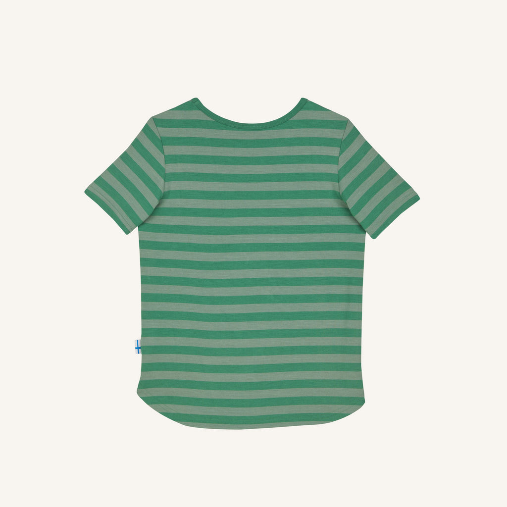 Striped children's t-shirt, light green with darker stripes, crew neck, short sleeves.