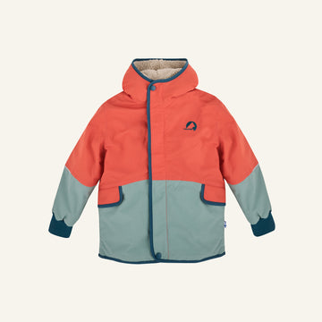 Kinder-Wendejacke mit Kapuze, orange und türkis, Teddyfutter in Beige