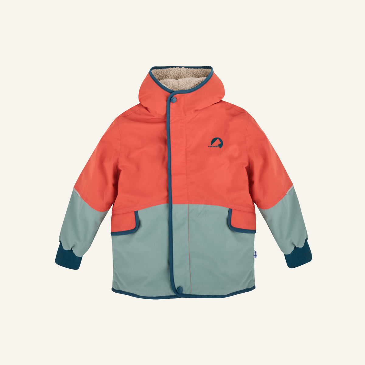 Kinder-Wendejacke mit Kapuze, orange und türkis, Teddyfutter in Beige