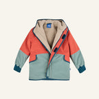 Kinder-Wendejacke mit Kapuze, orange und türkis, braunes Teddyfutter, Knopfleiste