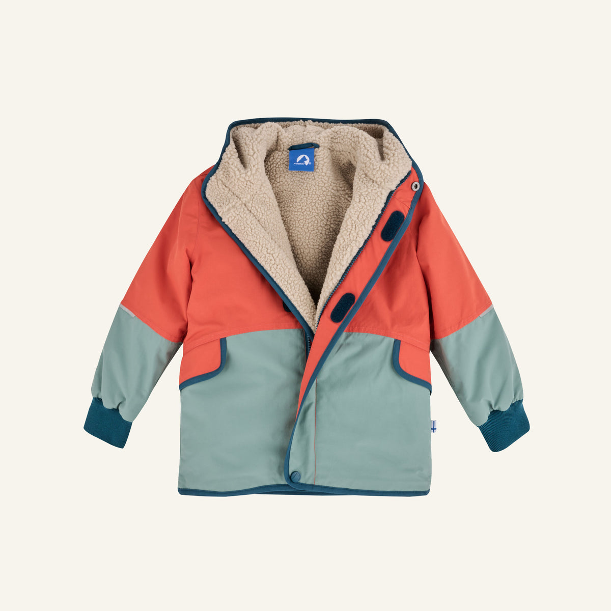 Kinder-Wendejacke mit Kapuze, orange und türkis, braunes Teddyfutter, Knopfleiste