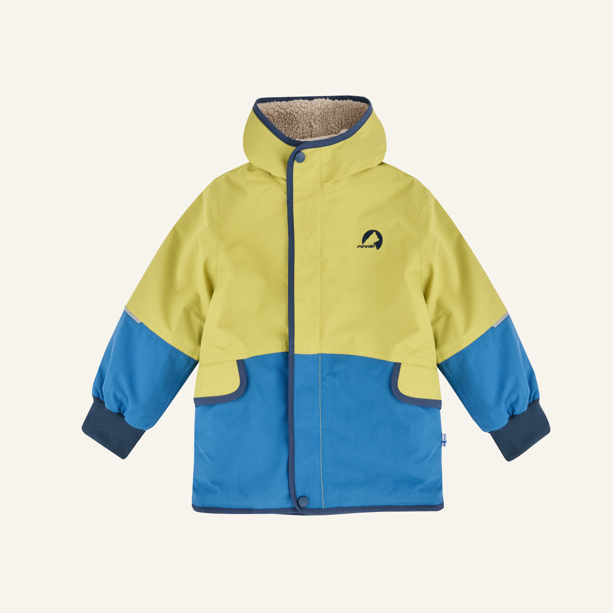 Kinderjacke mit Kapuze: gelb und blau, warmes Kunstfell am Kragen